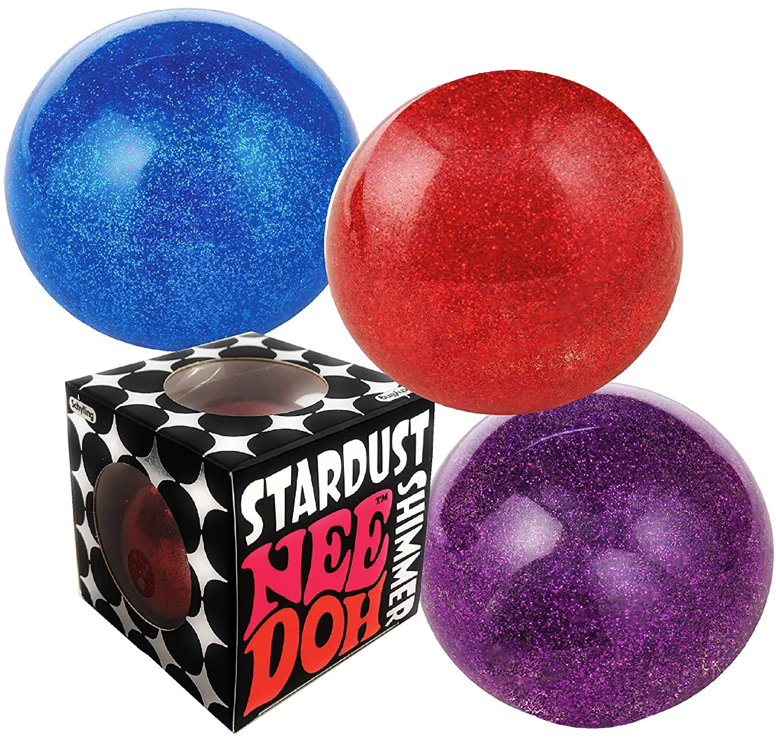 Nee-Doh Schylling Stardust Shimmer Groovy Glob! Squishy Squeezy Stretchy Stress Balls Blue Red & Purple Complete Gift Set Party Bundle - 3 Pack