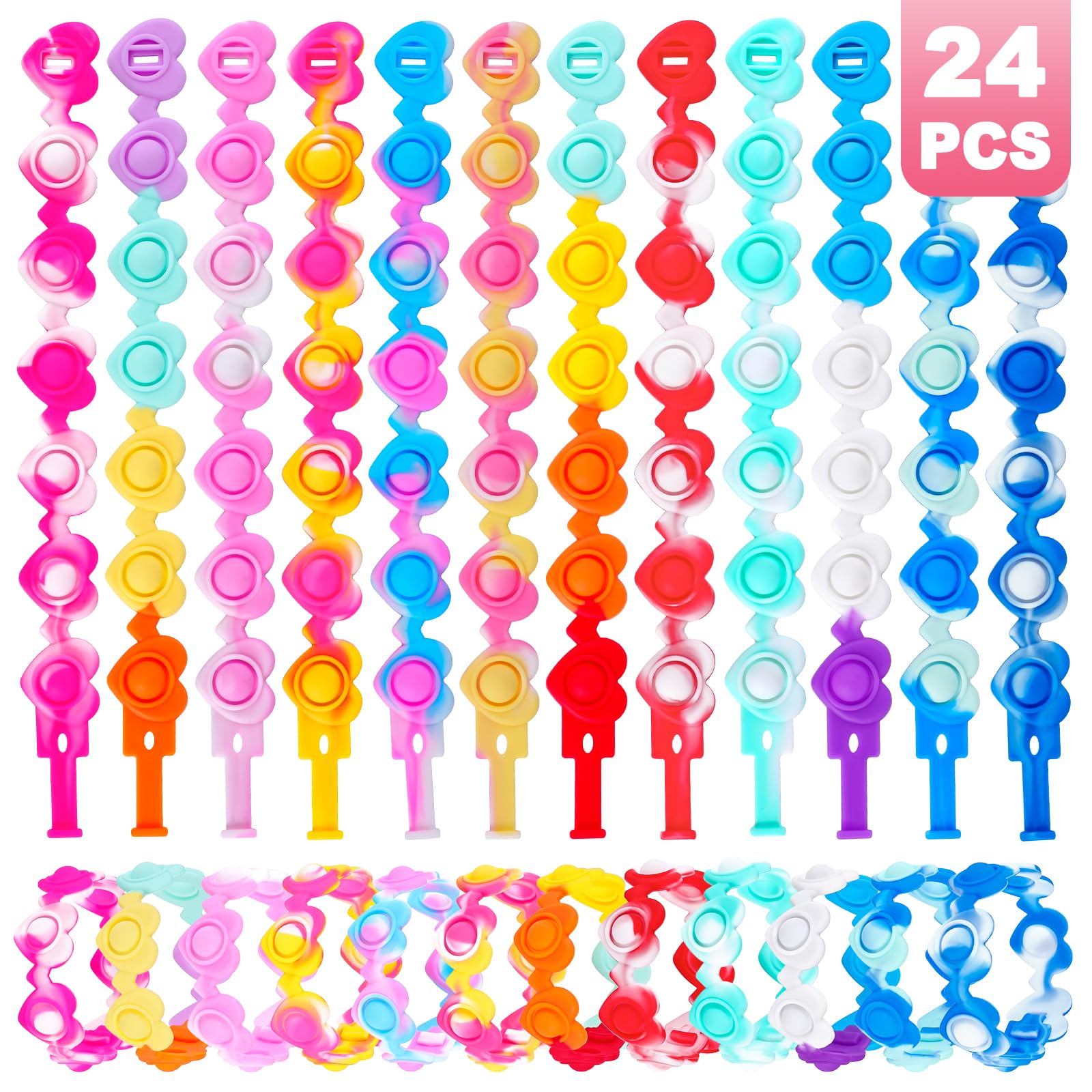 24 PCS Heart Pop Bracelets Its Valentines Day Gifts for Kids Valentine Day Party Favors Kids Fidget Toys Bulk Fidgets for Classroom Prizes Birthday Goodie Bag Stuffers Sensory Toys Pack for Girls Boys